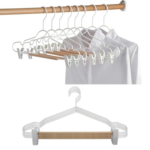[STEEL-LAND]クリップハンガー 木製バー付き 強力クリップ 防錆 調節可能 5本組 頑丈金属製 乾湿両用 スカート・ズボン兼用 型崩れ防止 北欧風 省スペース 衣類整理 上品 滑り止め [並行輸入品]