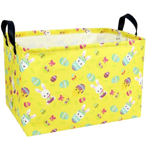 Image of Large Empty Easter Basket for Kid Yellow Fabric Personalized Bunny Eggs Easter Gift Basket for Boy and Girl (Rabbit Chicken)