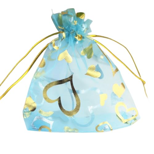 Image of QIANHAILIZZ 100 pcs 3.5 x 4.7 Inch Flower Heart Organza Jewelry Gift Pouch Candy Pouch Drawstring Wedding Favor Bags X92 (turquoise gold heart)