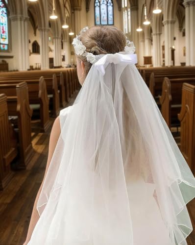 Floral Fall First Communion Flower Girls Bow Wedding Veil White Flower Wreath Pearl Rhinestone Floral Crown4