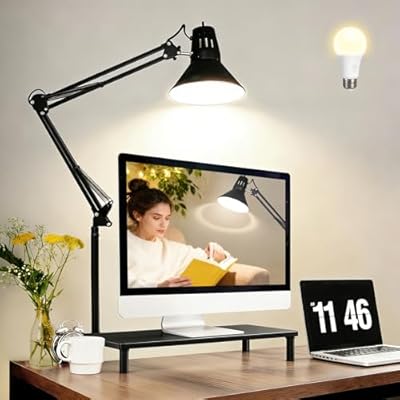 LED Desk Lamp With Clamp for Office Home, Eye-Caring Clip on Light with Adjustable Extra Tall Metal Swing Arm, High Intensity Clamp w/A19 E26 Bulb for Working Reading, 3000k Table Lamps Warm Light