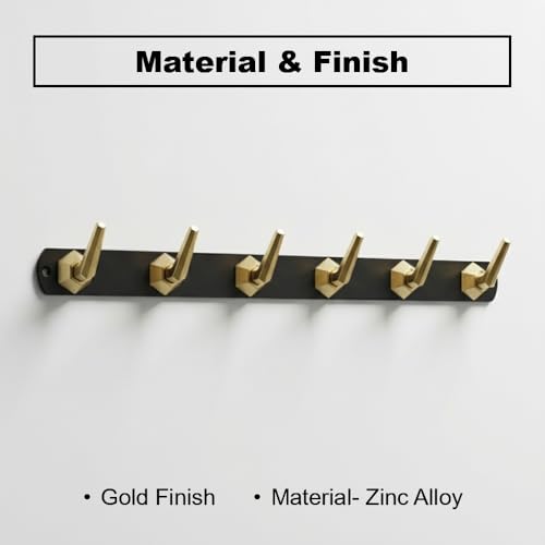 Image of Modern Design Cloth Hanger for Wall /6 Hook Dress Hanger for Door Mount /Bathroom Hooks for Hanging (Black & Gold Finish) Pack of 4-| 3 Years Warranty |