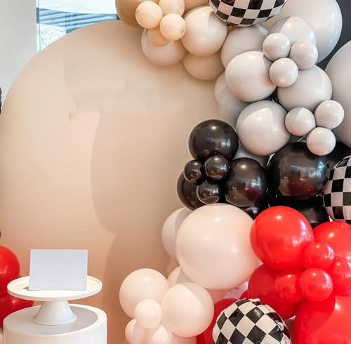 Image of 153Pcs Race Car Balloon Garland Arch Kit - Red and Black White Checkered Balloon Arch Kit 18 10 5 Inch Different Size Balloons for Racing Car Two Fast 2nd Theme Birthday Party Decorations