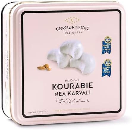 Chrisanthidis Delights Traditional Greek Shortbread Kourabie with Almonds in Metal Box, 450g