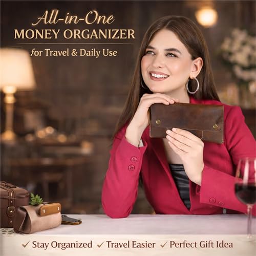 Image of Leather Money Bag Currency Organiser Pouch, Dollar Bills Holder, Bills Organizer with Mobile Pocket, Money Envelope For Men and Women (Brown)