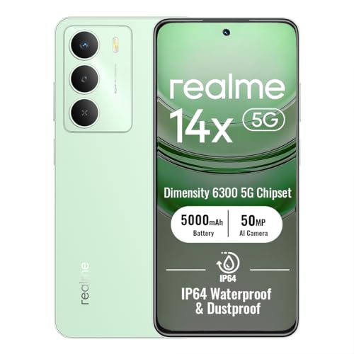 realme 14x 5G Smartphone 6+128GB, Verde Peridoto, Pantalla de 6.67 Pulgadas, Refresco de 120Hz, Batería de 5000mAh, Cámara AI de 50MP, MediaTek Dimensity 6300, Protección ArmorShell, IP64