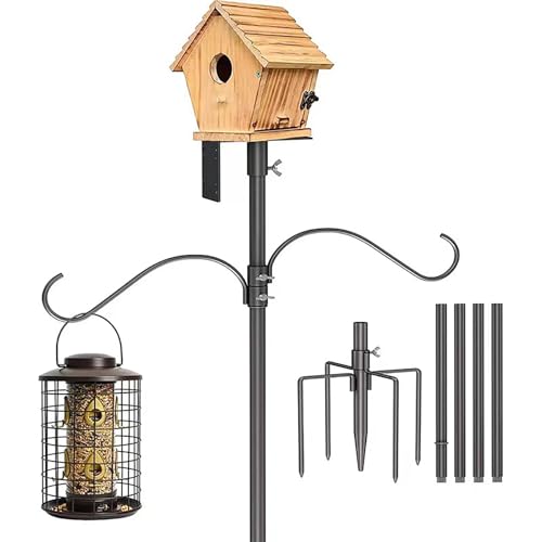 92 Inch Black Adjustable Heavy Duty Bird Feeder Pole for Outdoors Bird House Pole for Garden with Squirrel Proof Baffle 4 Shepherd Hooks Birds Feeding Station with 5-Prong Base for Yard, Garden