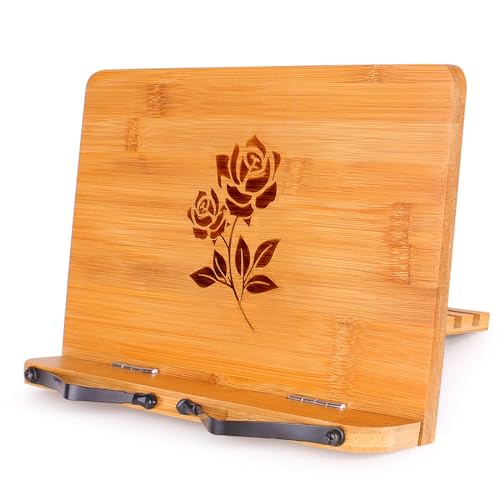 MEGREZ Bamboo Book Stand 11 x 8.0 inch, Foldable Cookbook Holder with 6 Adjustable Height, Reading...