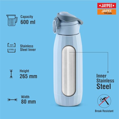 Image of JAYPEE Aquavita Insulated Inner Stainless Steel Water Bottle for School Kids with Wide Mouth|Foldable Handle to Carry|Hot & Cold Bottle Leakproof Screw Lid Flip Top with Silicon Seal|600 ml, Blue