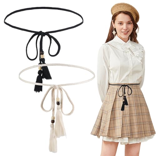 2pcs String Belt, Tie Belts for Women, Rope Belts for Women, Black + Beige Thin Woven Bohemian Tassel Rope Belt with Wooden Beads for Girls Thin Dresses Skirts Tunics