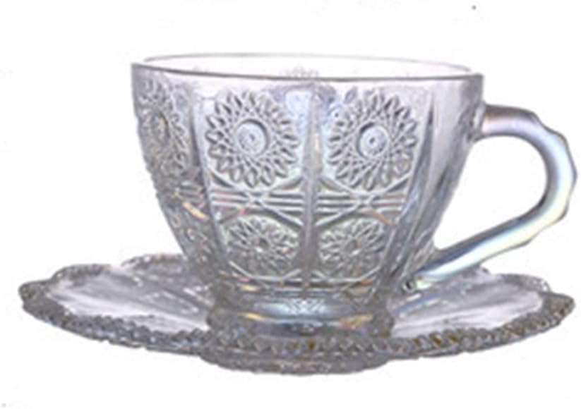 Nordic Vintage Coffee Mugs Relief Flower Pattern Luxury Water Cafe Tea Milk Cups Condensed Glass Drinkware Cup Saucer Suit Set(Amber)