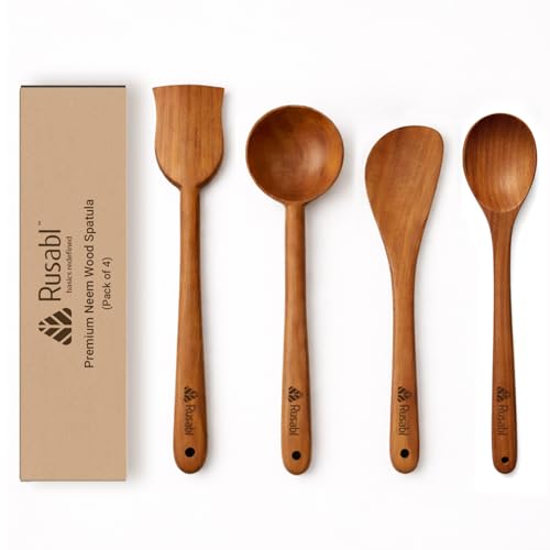 Image of Rusabl Pack of 4 Neem Wood Spatula, Spoonula, Ladle, Turner /Palta Non-Stick | Seamless Design, Heat-Resistant Cookware for Cooking, Baking, Mixing