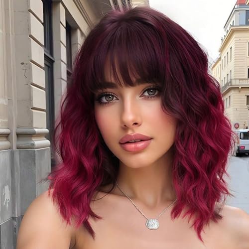 Image of AISI HAIR Synthetic Wavy Curly Bob Wig with Bangs Ombre Dark Red Short Hair Wigs for Women Synthetic Heat Resistant Bob Wigs