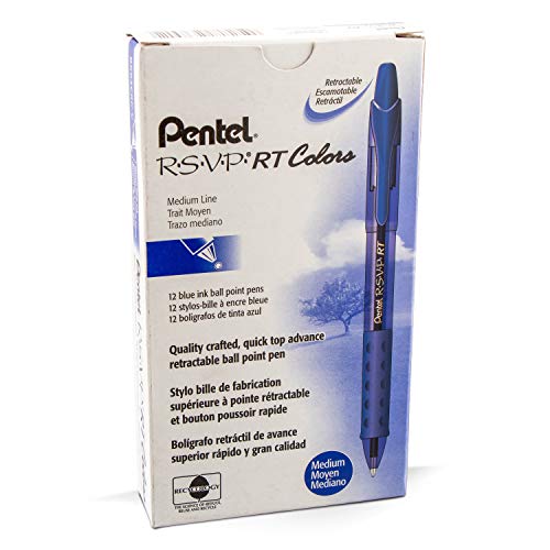 Pentel RSVP RT Colors Retractable Ballpoint Pen, (1.0mm) Medium Line, Barrel, Blue Ink, Box of 12 (BK93CRC-C)