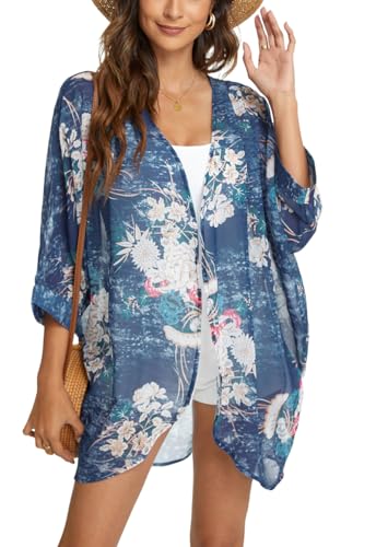 olrain Women's Floral Print Sheer Chiffon 3/4 Bat Sleeve Casual Loose Kimono Cardigan Capes (X-Large, Blue Floral) - Thumbnail 4
