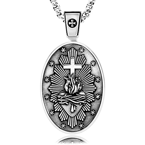 VENICEBEE® Sacred Heart Cross Jesus Christ Divine Love Flame Devotional Medal Christian Sacramental Unique Solid 925 Sterling Silver Pendant Necklace + Velvet Pouch, Polishing Cloth, Fine Gift Box