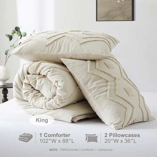 Image of Oli Anderson Boho Tufted Comforter Set King Size, 3 Pcs Soft Jacquard Bedding Set for All Seasons, Shabby Chic Farmhouse Bedding Set with Comforters for All Seasons (Beige, King)