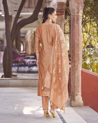 Image of Shaily Premium Silk Blend Woven Design Readymade Kurta with Pants and Dupatta Set | Ethnic Set | 3-Piece Suit Set | Haldi and Wedding Suit Set for Women