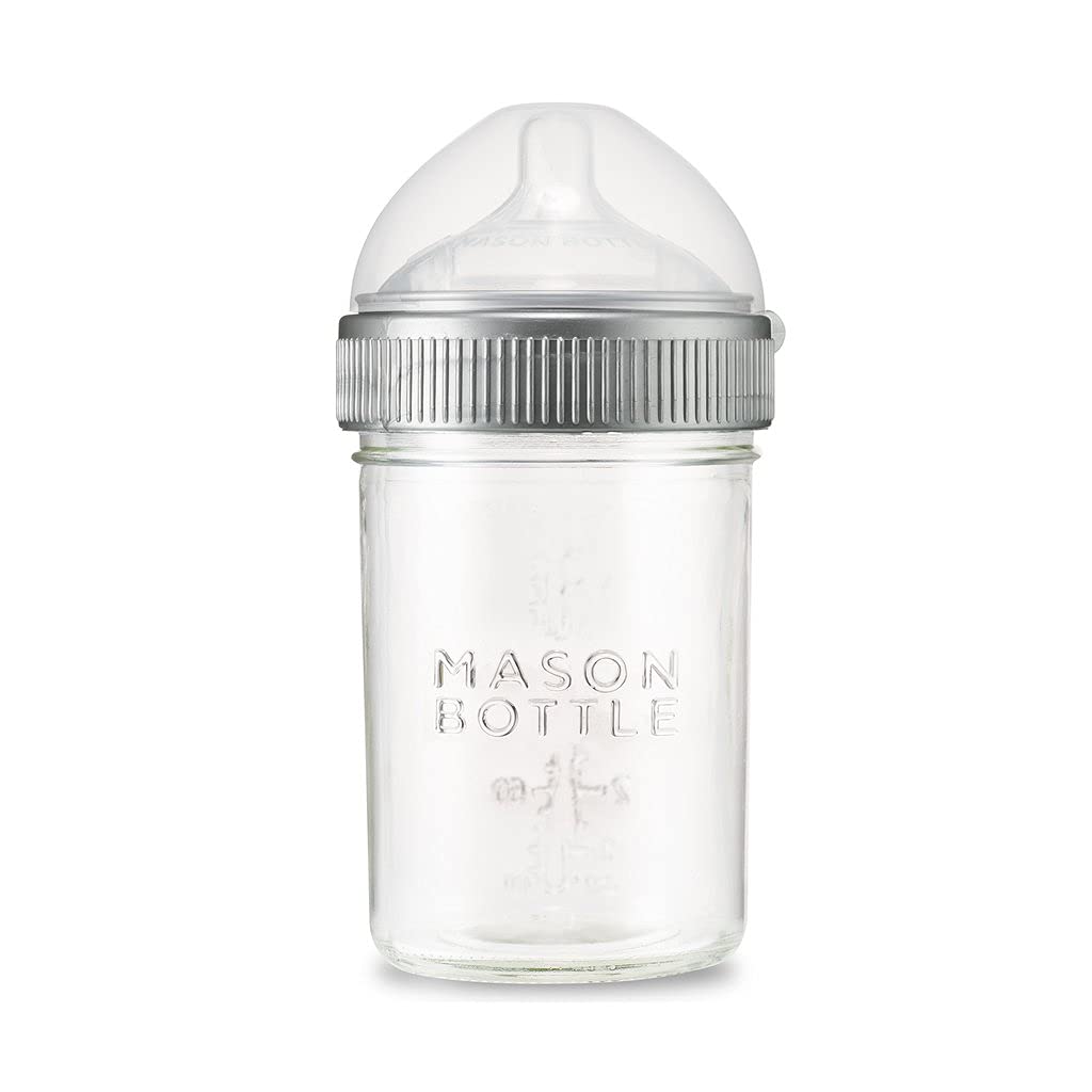 Mason Bottle 8oz Baby Glass Bottle with Breast Like Slow Flow Nipple, Cap+Ring - BPA Free, Non Toxic, Anti Colic Glass Baby Bottle, Glass Feeding Bottle for Babies