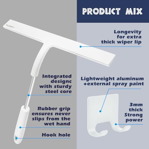 Image of 12 Inch Silicone Shower Squeegee for Glass Doors with Microfiber Cloth & Hook, Streak-Free Window Cleaner for Bathroom Mirror Tile Car, No-Scratch Squeegee with Rustproof Metal Core (White)