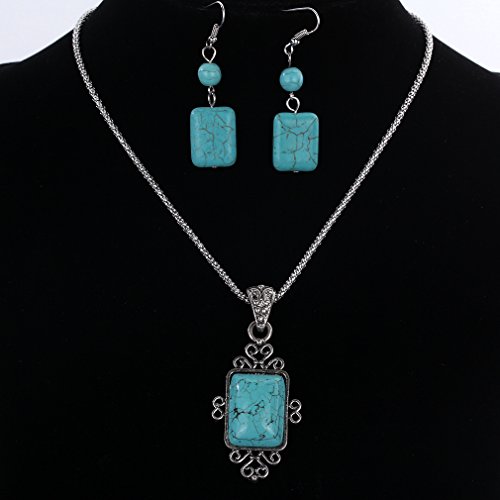 Yazilind Vintage Tibetan Silver Elegant Carved Rectangle Gemstone Pendant Necklace Earrings Jewelry Set #TOP1