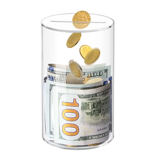 Kypeeka Clear Acrylic Piggy Bank for Kids, Small Clear Money Saving Jar Must Break to Open, Unopenable Piggy Bank for Cash Coins (6" H × 3.5" Diameter) by Kypeeka - Used condition - US$8.99