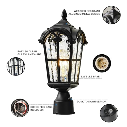 Dusk to Dawn Outdoor Post Light for Garden Entryway Backyard Patio, 2 Pack Waterproof Aluminum Post Lantern Fixture, Outside Pole Lamp Post Light with Water Ripple Glass
