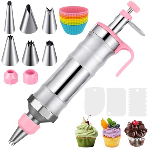 Dessert Decorating Syringe Set, Icing Piping Kit Stainless Steels Cake Decorating Tools with 6 Piping Tips & 9 Silicone Cupcakes & 3 Cream Scrapers, Cake Decorating Kit Frosting Piping Kit