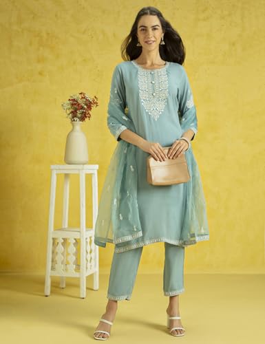 Image of Kaari Women's Embroidered Kurti Set with Dupatta | Ethnic Suits with Embellished Dupatta | Everyday and Festive Kurti Set for Women