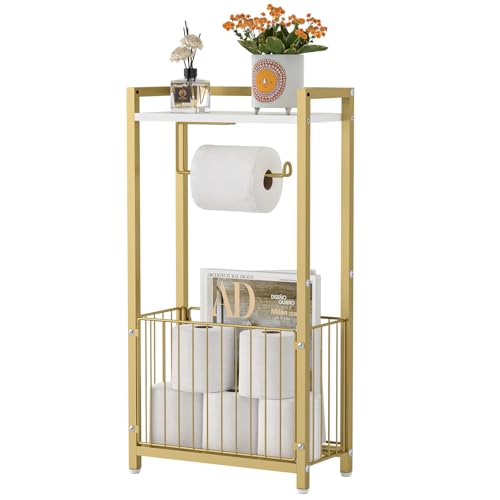 Freestanding Toilet Paper Holder with Storage Shelf Bathroom Tissue Stand with Space for Phone Rolls and Magazines All-in-One Toilet Roll Dispenser and Organizer (Gold)