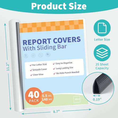 Image of Binditek Clear Report Covers with Sliding Bars, 25 Sheet Capacity, 40 Pack