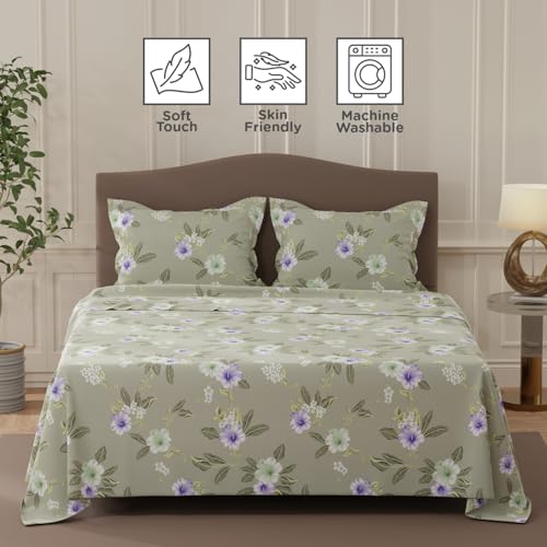 Image of Layers 100% Cotton Bedsheet for Double Size Bed | Lumina Floret Collection | 144 TC Soft & Breathable | Floral Print with 2 Pillow Covers | Wrinkle Free | 3 Piece Bedding Set - Grey & Purple