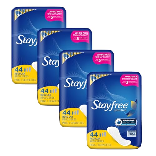 Stayfree Ultra Thin Regular Pads For Women Wingless Reliable Protection and Absorbency of Feminine Moisture Leaks and Periods 44 count - Pack of 4