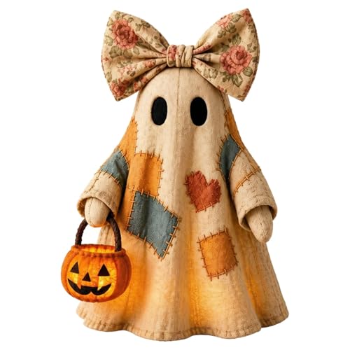 Lighted Vintage Patchwork Ghost Light Up Ghost with Pumpkin Lantern Halloween Decor Vintage Halloween Patchwork Ghosts Lamp Rustic Fall Figurine Decoration for Mantel Shelf Entryway Porch