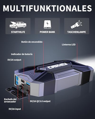 Arrancador de bateria de coche portátil para viajes largos con linterna LED CARHEV 3