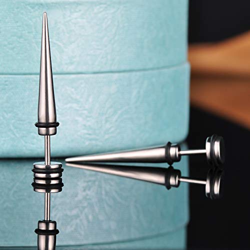 Yumilok Jewelry 4 Pcs Mens Womens Stainless Steel Spike Stud Earrings Tapers Fake Plugs Ear Stretchers, 2 Pairs(Black, Silver)2