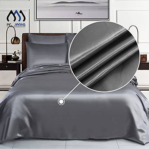 Mr Jeans Satin Silk Duvet Cover Sets - 6 PCS - Quilt Cover Bedding Set With Fitted Sheet + 4 Pillow Cases, Silver - Double