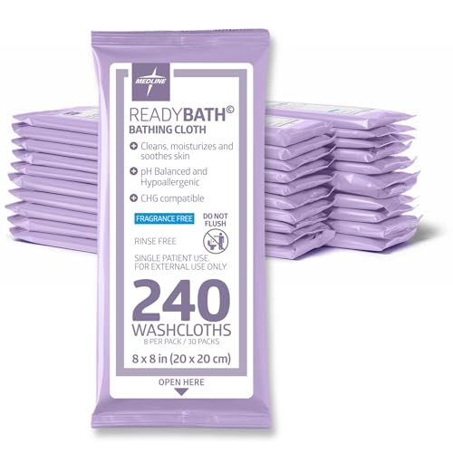 Medline ReadyBath Adult Bath Wipes 240 Wipes (8 Wipes 30 Packs) Unscented No Rinse Formula with Aloe Shower Wipes for Sensitive Skin Hypoallergenic & Alcohol-Free Wet Wipes 8 x 8 Inch