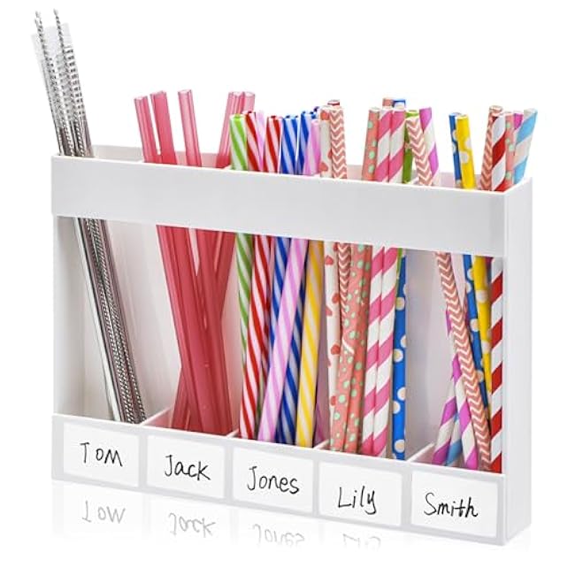 9.5 Acrylic Straw Holder for Cabinet Door, Straw Organizer for Cabinet Door with Double-Sided Tape, Stickers and Cleaning Brush, Reusable Storage Dispenser for Kitchen Counter Cupboard (White)