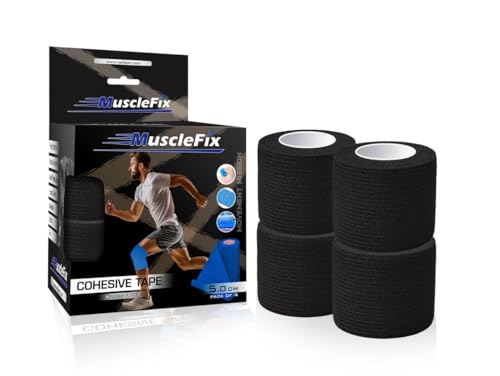 Image of Breathable Self Adhesive Wrap, Athletic, Non Woven Cohesive Bandage - for Sports, First Aid Medical, Wrist, Swelling (5 cm, 4.5 mtr) Pack of 4 (Black)