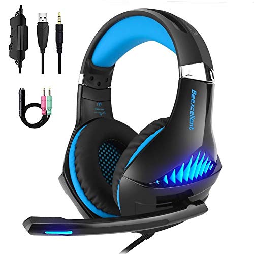 Cascos con Microfono GM-5 Auriculares Gaming USB para PC PS4 Xbox One Nintendo Switch Auriculares Cascos Gaming Cancelación de Ruido Diadema Ajustable Luz LED con Control de Volumen Adaptador Incluído