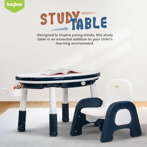 Image of BAYBEE 5-in-1 Adjustable Study Table & Chair Set for Kids | Dual-Sided Table with Storage | Multi-Purpose Table for Study, Drawing, Dining & Play | Anti-Slip & Child-Safe Design (Blue) Plastic
