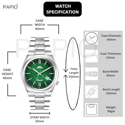 Image of PAPIO Men's Quartz Analogue Watch, Silver Stainless Steel Band, Round Dial with Date Display