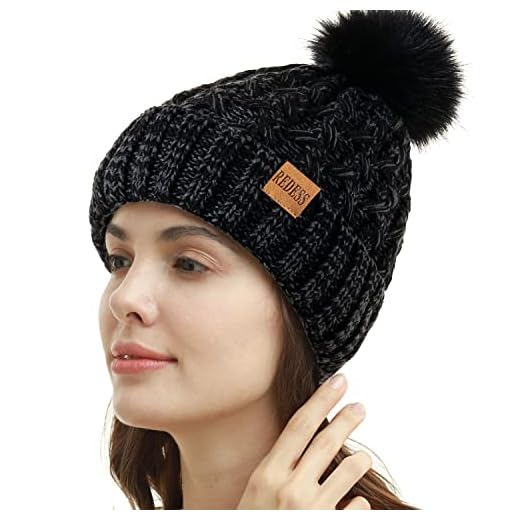 REDESS Women Winter Pompom Beanie Hat Fleece Lined Warm Hats, Thick Slouchy Snow Knit Crossed Cap for Ladies…