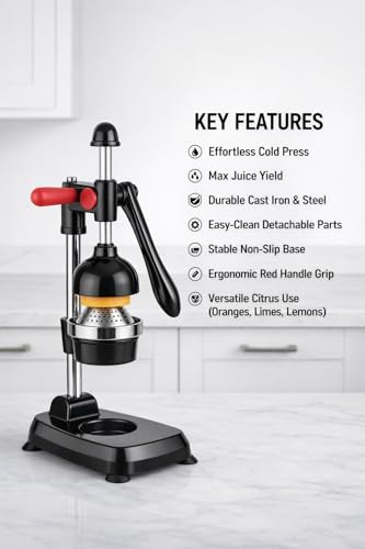 Image of Manual Citrus Juicer Heavy Duty Aluminum Hand Press - Professional Fruit Juicer for Orange, Lemon, Lime & Pomegranate - Easy Press, Durable, Kitchen Countertop Juice Extractor (Black)