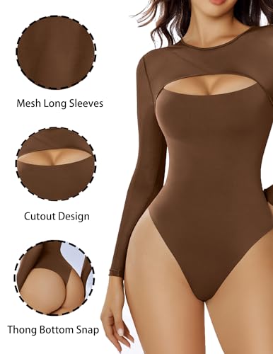 Image of Avidlove Bodysuits for Women Round Neck Long Sleeve Mesh Bodysuit | Sexy Sheer Top Double Lined Shapewear Cutout Shirt