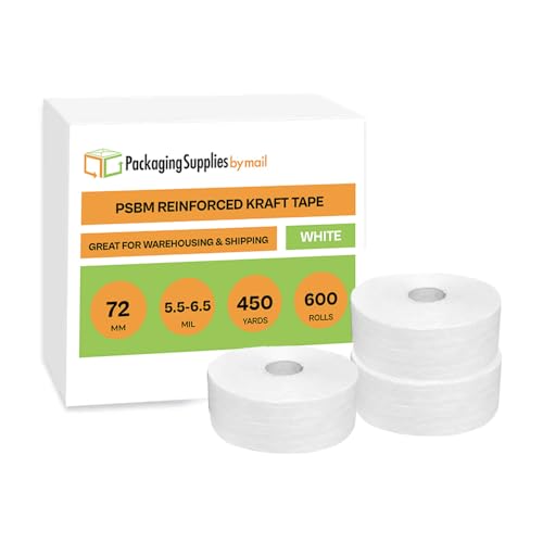 PSBM Reinforced Gummed Kraft Paper Packing Tape, 72mm x 450 Feet, 600 Pack, White, Water Activated, Fiberglass Stranded Carton Box Sealing Shipping Tape