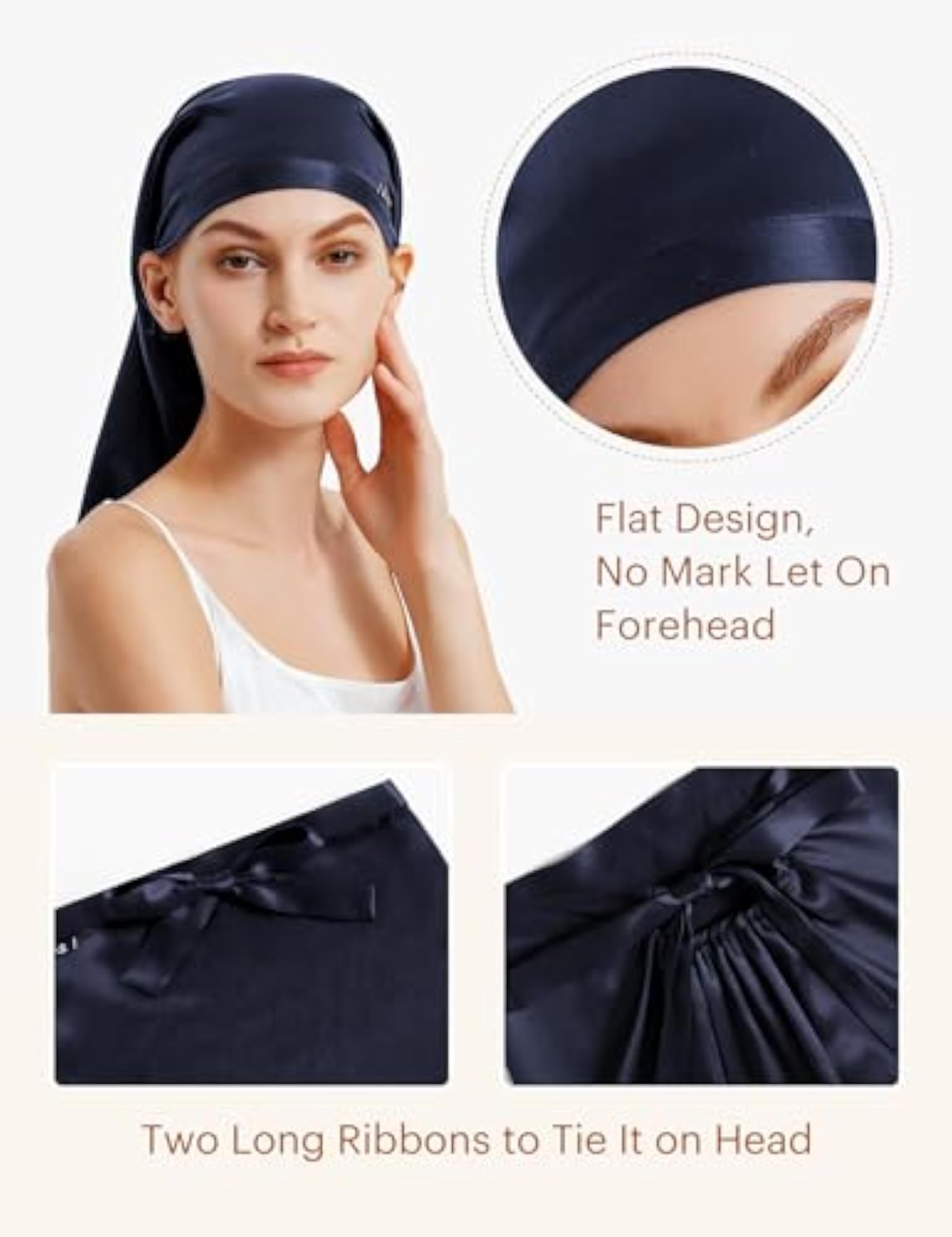 Mulberry Silk Long Sleep Cap for Women, Navy Blue