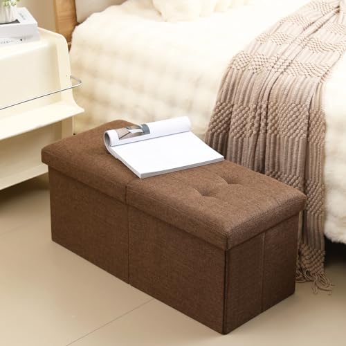 Image of Storage Ottoman Bench Foldable Footrest Foot Stool, 30 inch Fabric Brown | Small Ottoman Foot Rest Seat Shoe Bench Flip-Top forliving Room End of Bed Bedroom Couch Dorm, 80L Folding Upholstered Chair