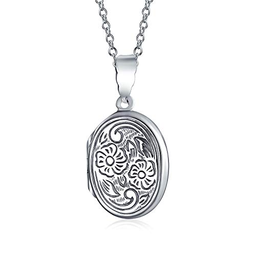 Vintage Style Embossed Scroll Floral Flower Sunflower Photo Oval Lockets Necklace Pendant For Women That Hold Pictures Oxidized .925 Sterling Silver Med #TOP9